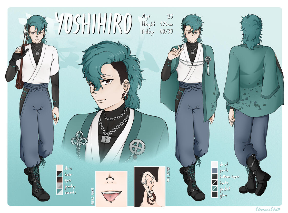Ref sheet for my original character Yoshihiro. Done digitally. (2026)