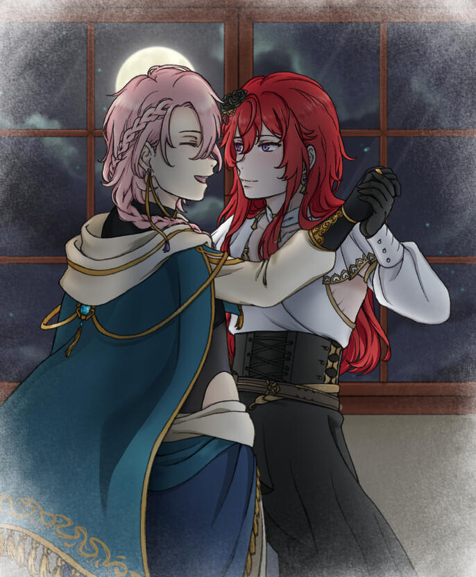 Fanart of Sen and Hyasha from Noctilucent: Before Dawn. Outlines done traditionally, everything else added digitally. Ibis Paint asset used in the background. (2026)